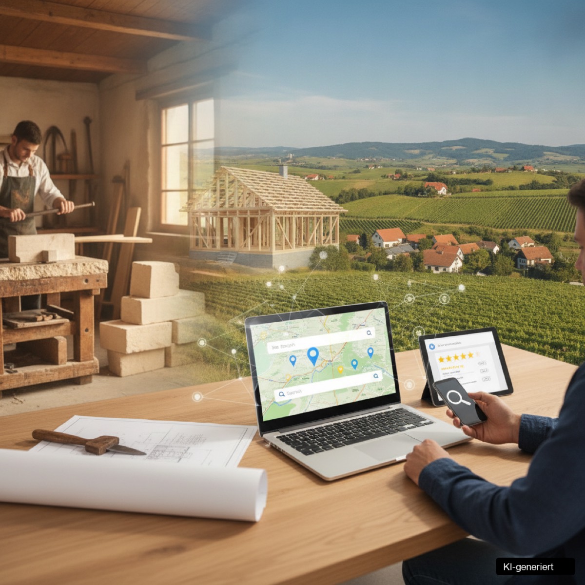 Ein Handwerker optimiert sein Google Business Profile für Local SEO Handwerk Südsteiermark.