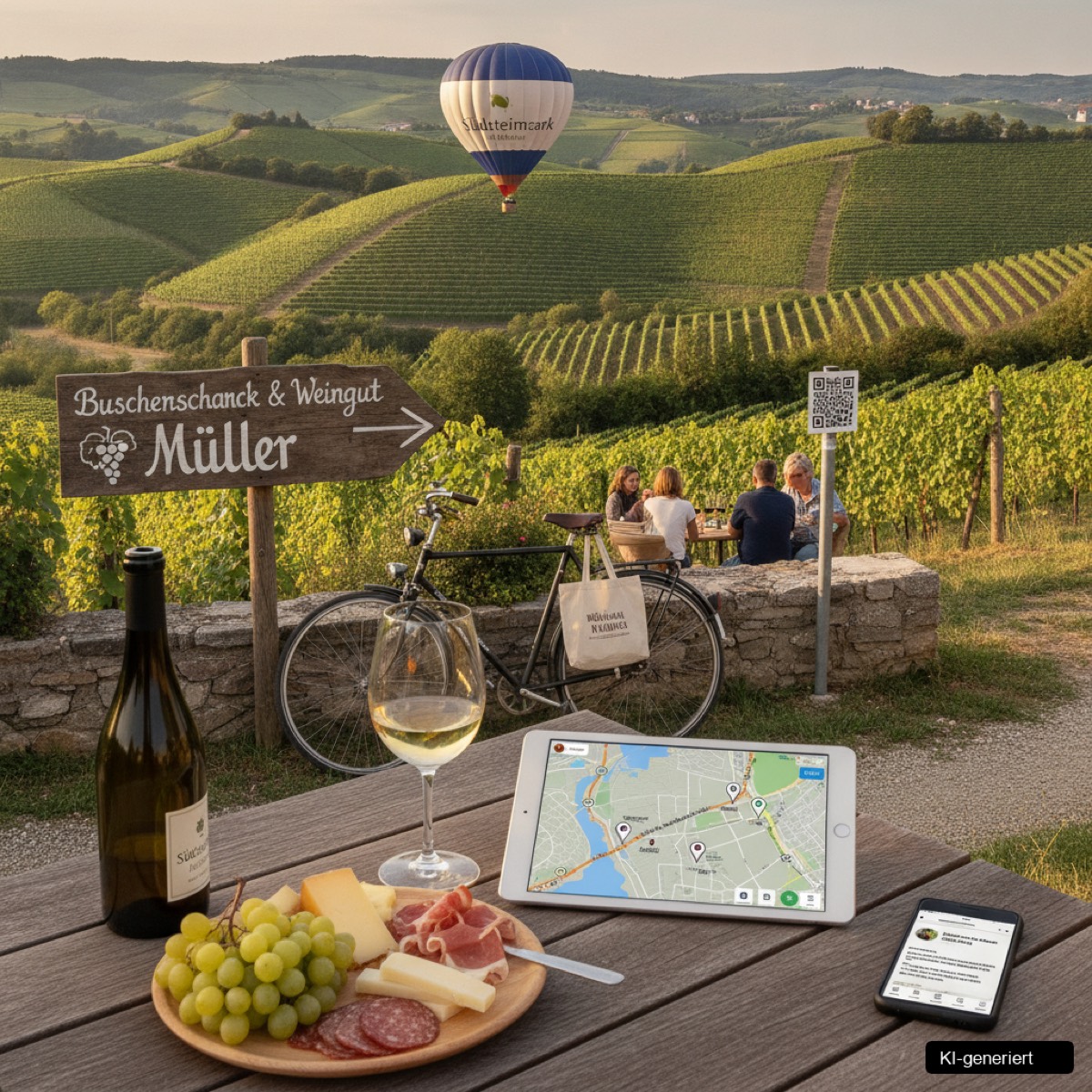 Weingut in der Südsteiermark mit Weinreben im Sonnenuntergang für Weinmarketing Südsteiermark